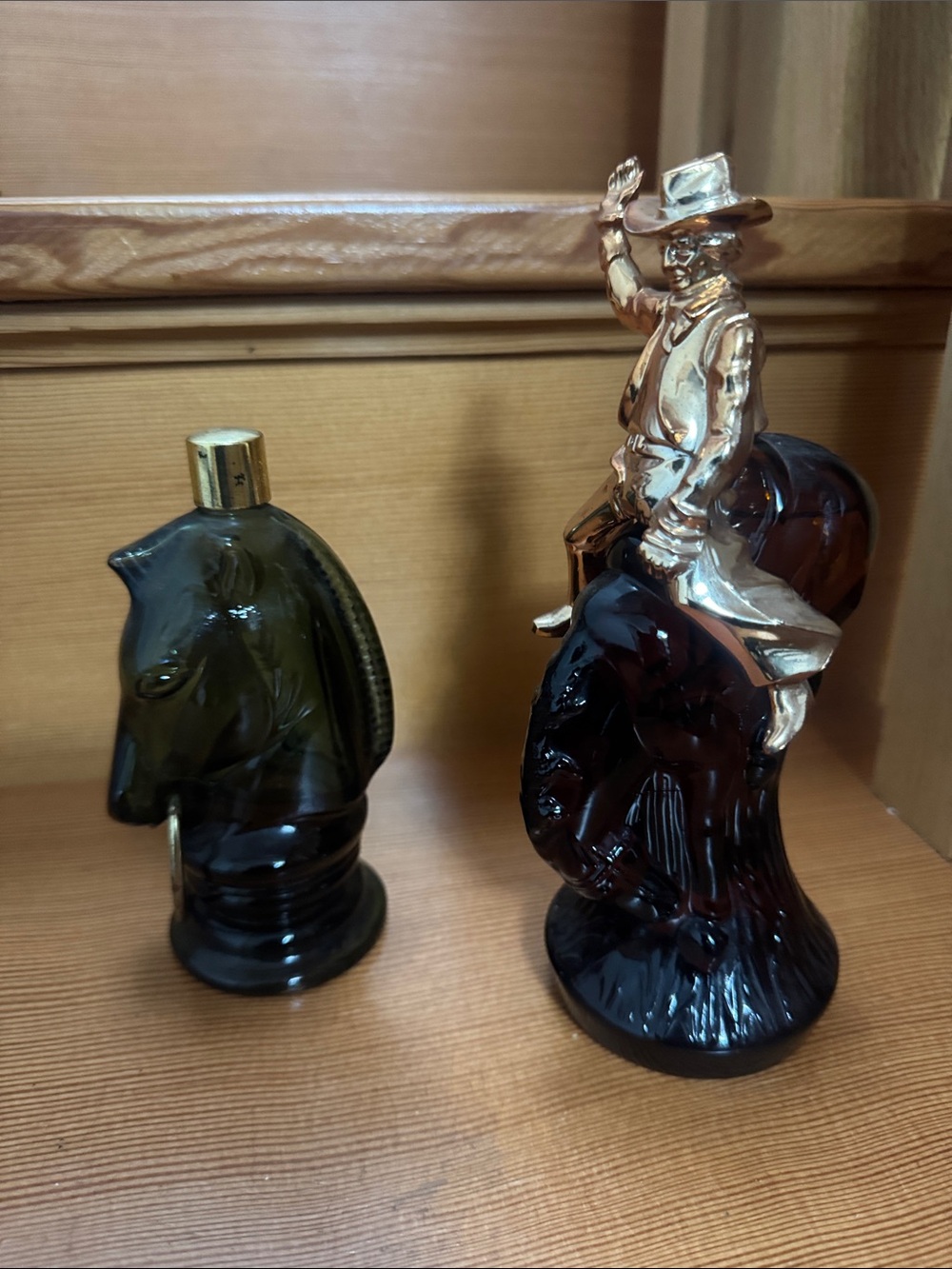 Vintage Avon Cowboy on Horse Amber Glass & Green Horse Head Decanter bundle